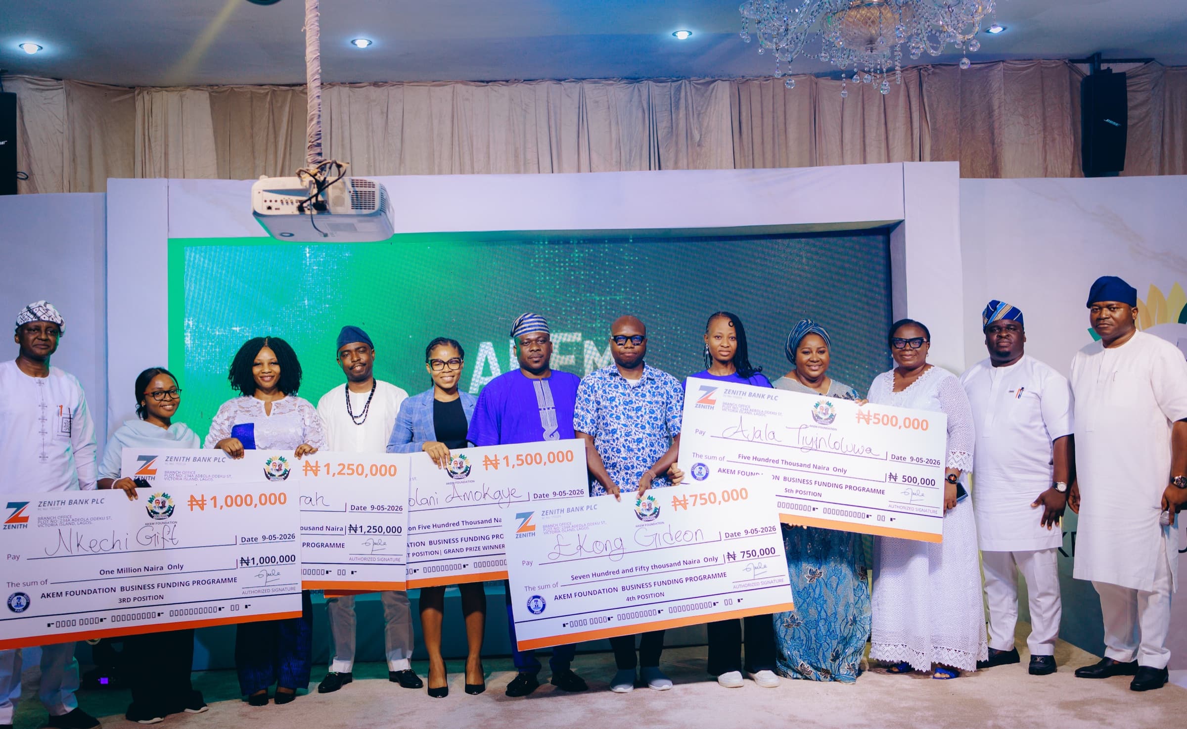 Grant recipients, guests and Dr. Ogunsan on stage at AKEM Foundation 4.0